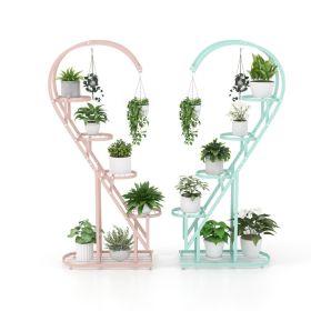 5 Tier Metal Plant Stand With Hanging Hook For Multiple Plants (Color: Pink & Blue)